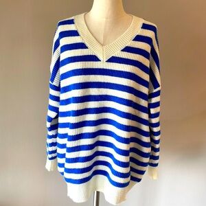 Striped OVERSIZED blue white wool cotton blend sweater drop sleeve  V neck S/M